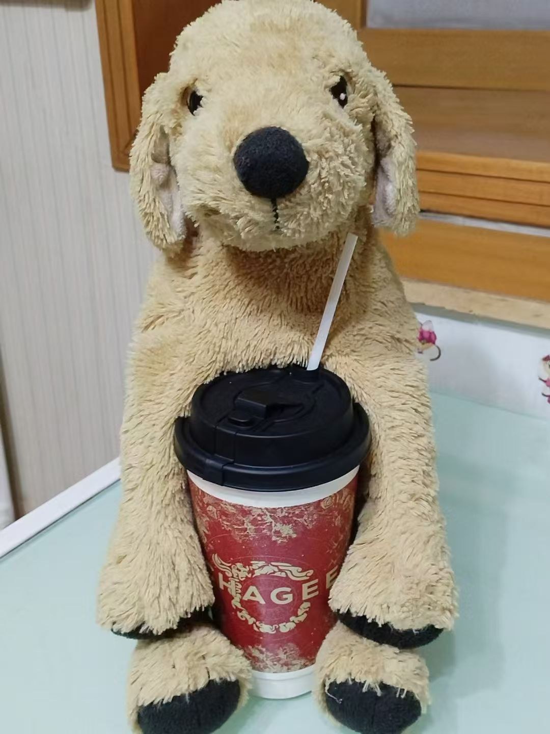 金毛玩偶抱着一杯红色咖啡杯